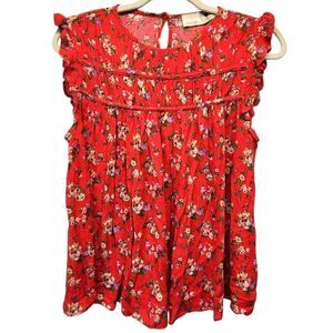 Everleigh Red Floral Baby Doll Smocked Sleeveless Top SMALL